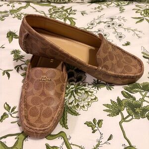 Coach Marley Tan Signature Canvas Loafers with Gold Logo